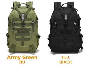 Detail view of tactical backpacks in green and black with Molle straps and reflective strips