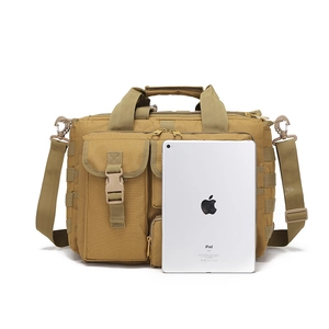 Tactical water-resistant messenger bag in khaki nylon with laptop compartment and MOLLE system
