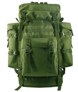 Front view of army green 80L tactical backpack with MOLLE webbing and buckles