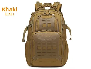 Detailed view of khaki tactical backpack featuring laser-cut MOLLE system and mesh straps