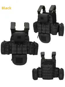 Detailed view of the black tactical vest featuring Molle system and functional pouches