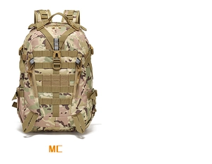 Detailed view of durable MC camo tactical backpack with MOLLE webbing and buckles