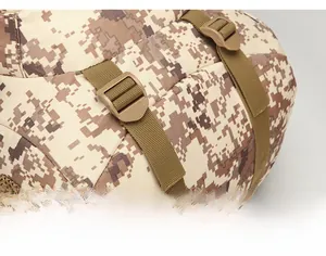 Detail view of the digital camouflage tactical backpack with adjustable bottom straps