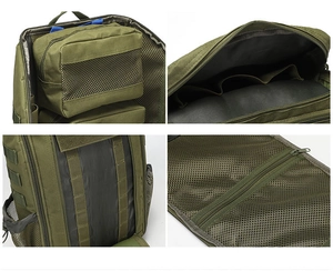 Detailed interior and MOLLE system of the olive green tactical backpack with storage pockets