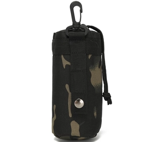 Detail of camo tactical bottle pouch with molle straps, carabiner and drawstring closure