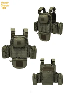 Detail view of army green tactical vest with Molle system and modular pockets