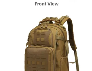 Front view of khaki outdoor hiking backpack with MOLLE system and nylon straps