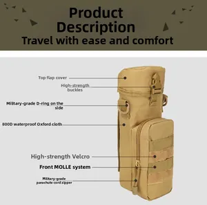Detail view of khaki tactical water bottle pouch with MOLLE system and 800D oxford cloth