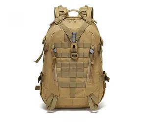 Front view of tan tactical backpack with MOLLE webbing and durable military straps