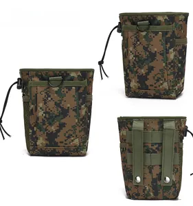 Detailed views of digital camo tactical pouch featuring Molle system and drawstring closure