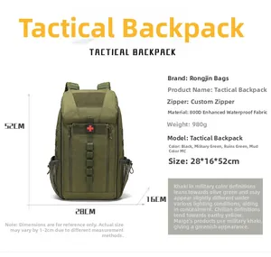 Detail of army green tactical medical backpack made of 800D waterproof fabric and MOLLE system