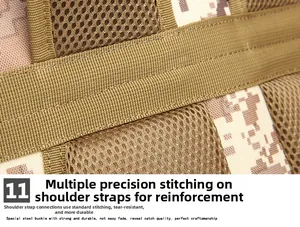 Detail of reinforced stitching on desert camo tactical backpack shoulder straps