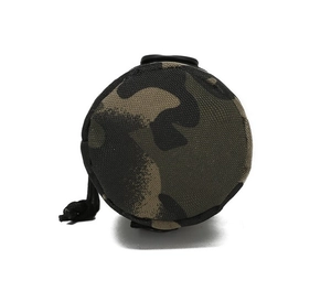 Macro view of camouflage insulated water bottle sleeve with durable zipper and nylon fabric