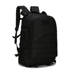 Detail view of black tactical backpack showing MOLLE system webbing and side buckle
