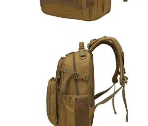 Tactical khaki backpack featuring paracyord handle and adjustable side buckle straps