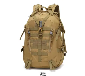 Side view of tactical backpack in wolf brown nylon showing Molle system and straps