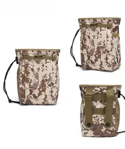 Three-view of tactical desert camo accessory pouch with MOLLE straps and drawstring closure