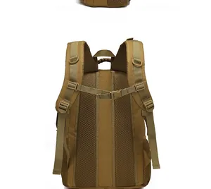Detailed back view of khaki tactical hiking backpack with breathable honeycomb mesh padding