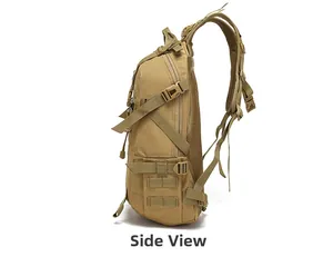 Side view of tactical outdoor backpack with MOLLE system and breathable mesh padding