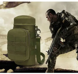 Army green tactical water bottle pouch with MOLLE system and durable nylon shoulder strap