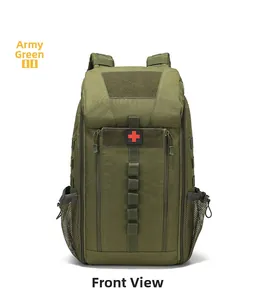 Front view of green tactical medical backpack with MOLLE webbing and red cross patch