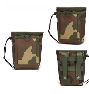 Multiple views of a durable tactical MOLLE pouch with drawstring closure and mesh side pocket