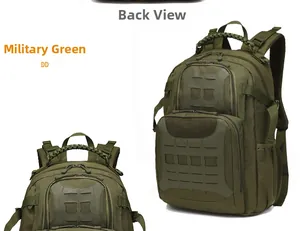 Detail of army green tactical backpack featuring laser-cut MOLLE system and paracord handle