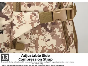 Tactical backpack side view with adjustable buckles and desert digital camo webbing