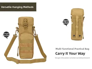 Detail view of khaki tactical water bottle pouch with MOLLE straps and D-rings
