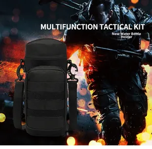 Detail view of durable black tactical water bottle bag with MOLLE system and shoulder strap