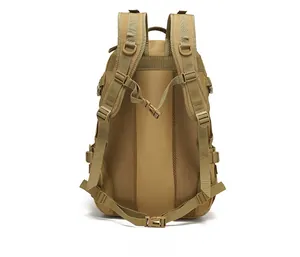 Detail of khaki tactical backpack featuring breathable mesh padding and ergonomic straps
