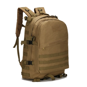Detail of tan tactical backpack showing durable Molle system and side compression straps