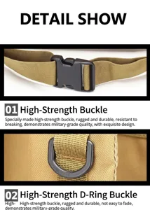 Close-up detail of high-strength buckles and D-rings on tactical camping backpack