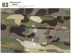 Close-up of waterproof camouflage fabric and durable MOLLE webbing on tactical vest