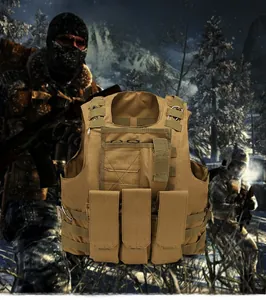 Coyote brown tactical vest with triple magazine pouches and adjustable side cords
