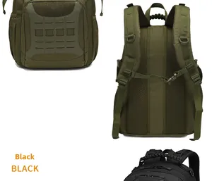Detail view of tactical backpack featuring breathable mesh back panel and MOLLE system
