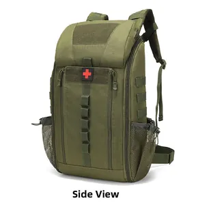 Side view of tactical medical backpack in army green with MOLLE system and red cross patch