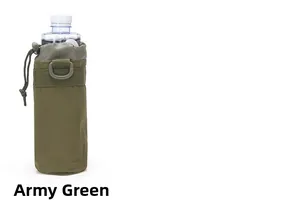 Army green tactical water bottle pouch with MOLLE webbing and drawstring closure for outdoors