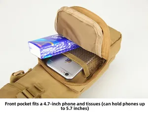 Front pocket of khaki tactical pouch showing mesh divider and smartphone storage capacity