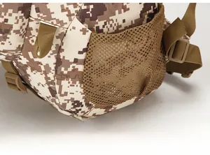 Detail view of tactical backpack side mesh pocket for water bottles and adjustable straps