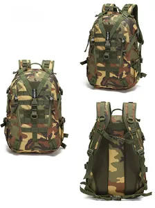 Three-view layout of woodland camo tactical backpack with MOLLE system and padded straps