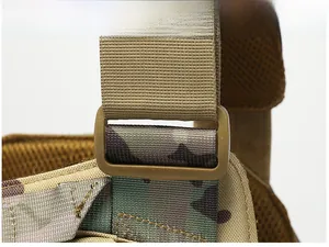 Close-up of durable tactical vest buckle and nylon webbing with camo mesh detail