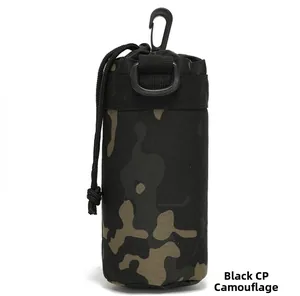 Tactical water bottle pouch in black CP camouflage with drawstring and swivel hook
