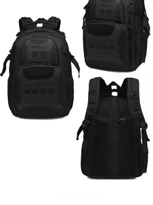 Macro view of black tactical backpack showing breathable mesh padding and Molle system