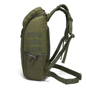 Tactical green backpack side view showing MOLLE webbing and mesh side pocket for gear