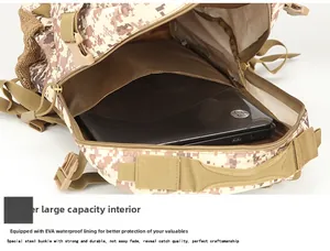 Internal view of tactical camouflage backpack showing space for a 15-inch laptop