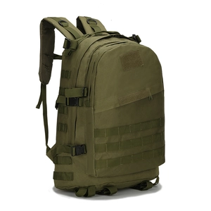 Detail view of olive green tactical backpack showing MOLLE system and velcro patch area
