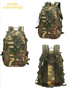 Detail view of Jungle Camouflage tactical backpack with MOLLE system and mesh back panel