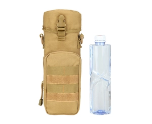 Tactical khaki water bottle pouch with MOLLE system and zippered pocket next to a bottle