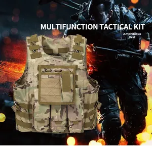 Close-up of multicam tactical vest featuring MOLLE system and durable nylon fabric